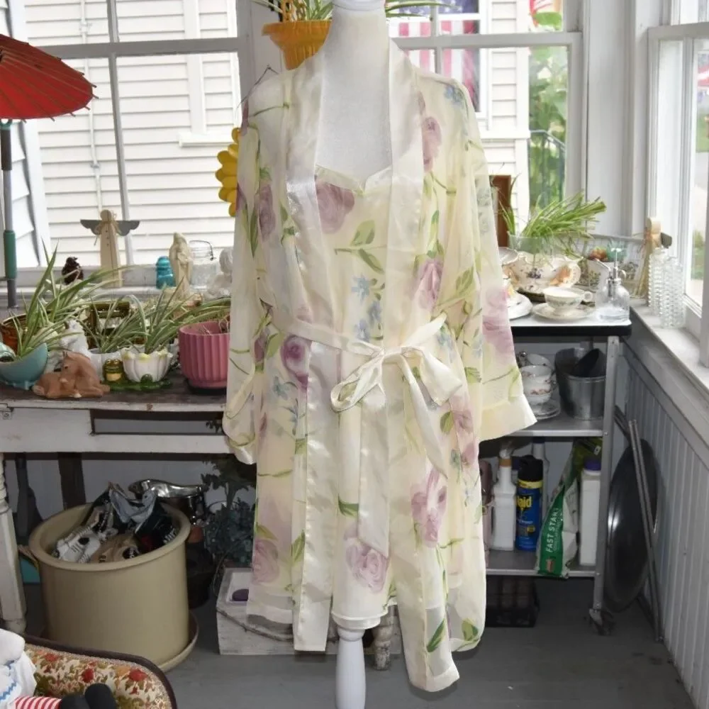 Vintage 80s Lord & Taylor Nightgown Robe Set L Floral Chiffon Peignoir